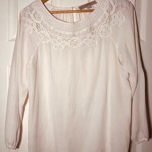 LOFT White Long-Sleeve Blouse with Embroidered Yoke